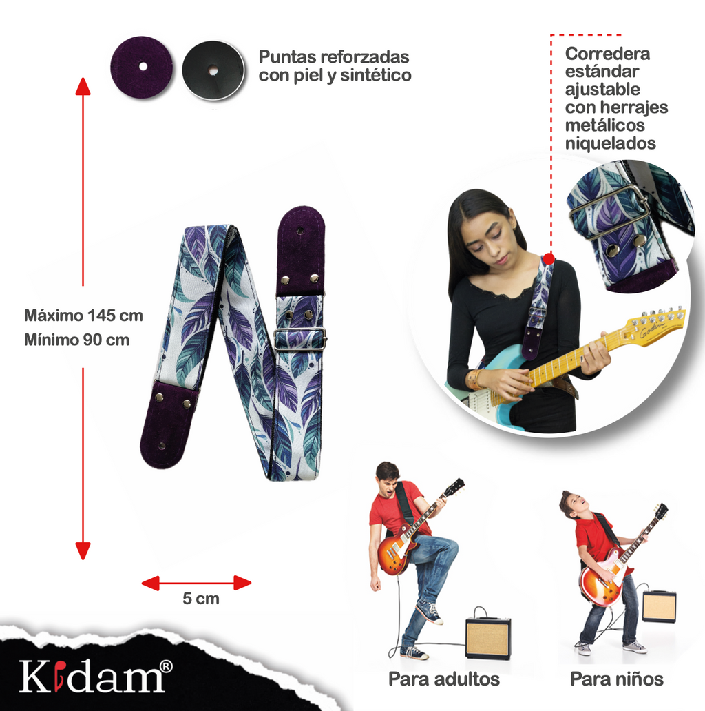 STRAP GUITARRA/BAJO - DISEÑO IMPRESO - PLUMAS COLORIDAS