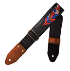 STRAP GUITARRA/BAJO - DISEÑO BORDADO PLUMAS ROJAS