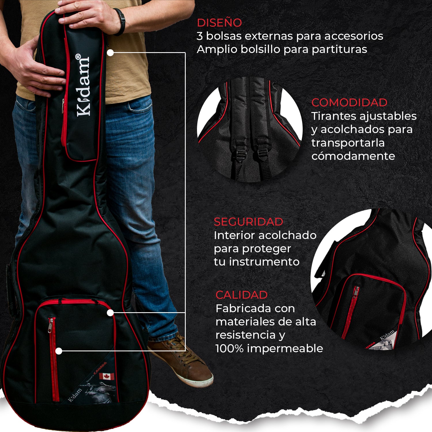 FUNDA GUITARRA CLASICA BORDES ROJOS