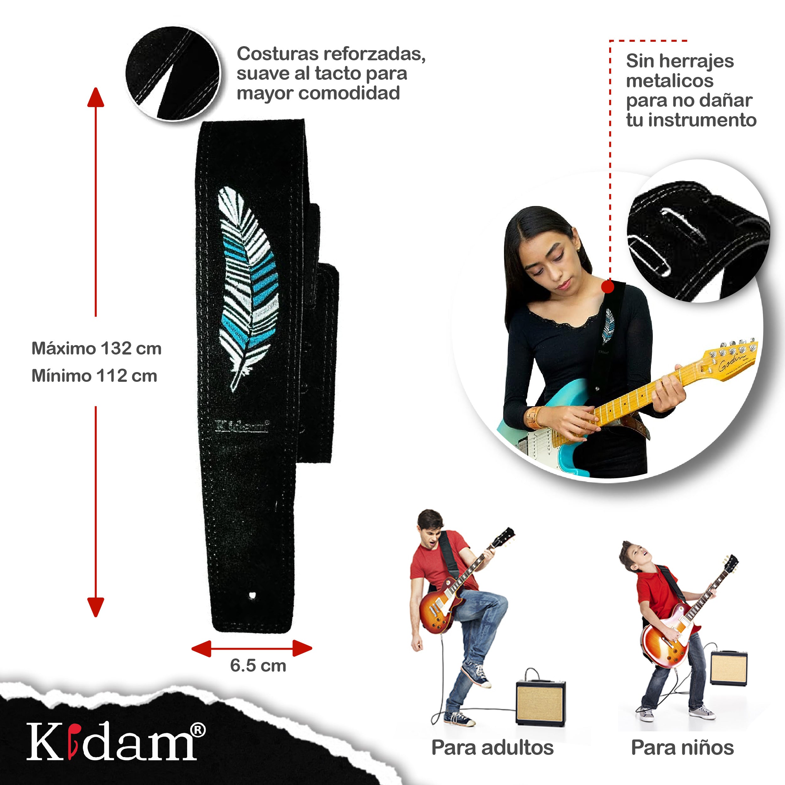 STRAP GUITARRA/BAJO - DISEÑO BORDADO PLUMAS