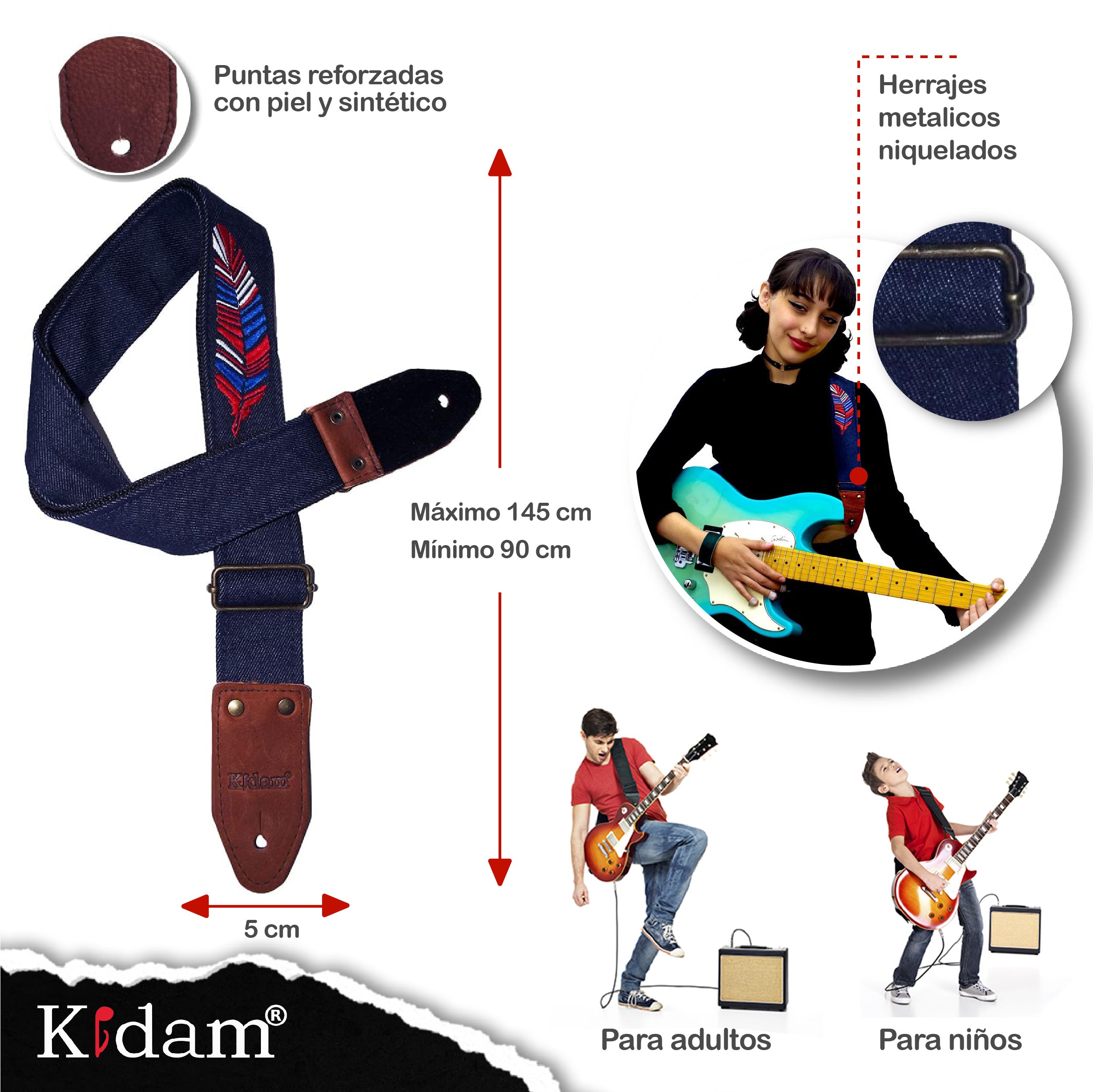 STRAP GUITARRA/BAJO - DISEÑO BORDADO PLUMAS ROJAS