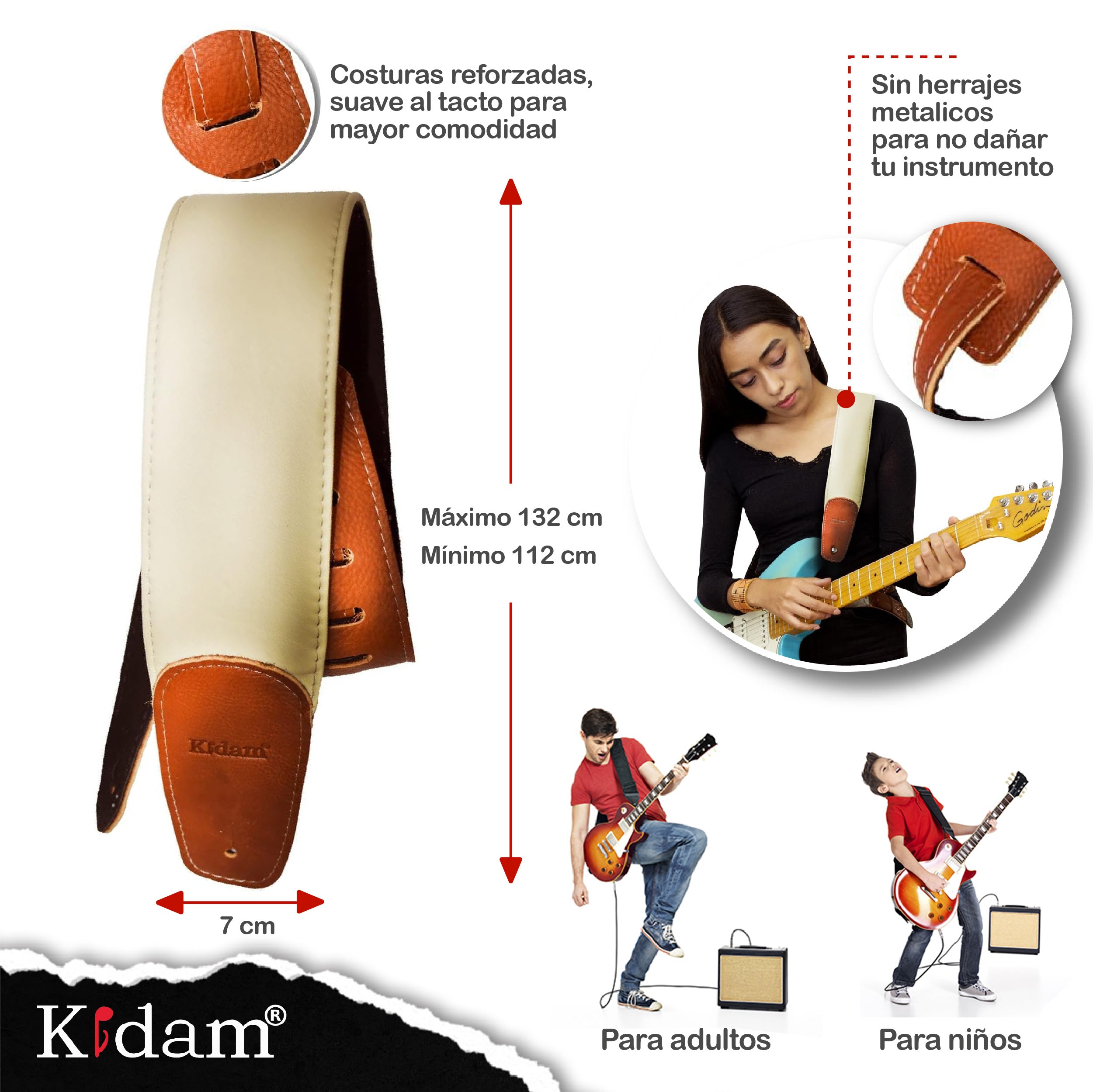 STRAP GUITARRA/BAJO - PIEL MIEL HUESO