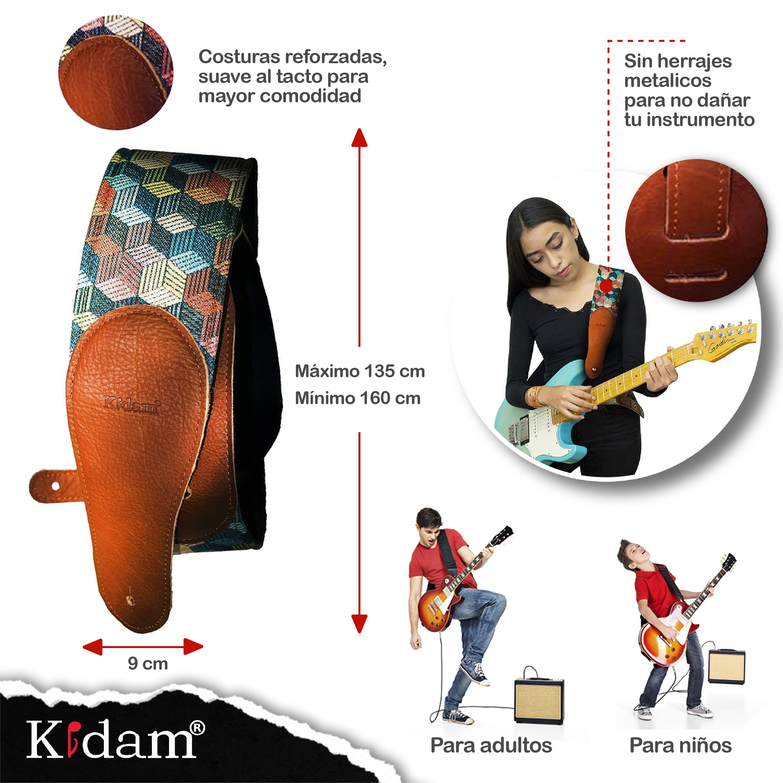 STRAP GUITARRA/BAJO - PIEL CUBOS ELEGANTES