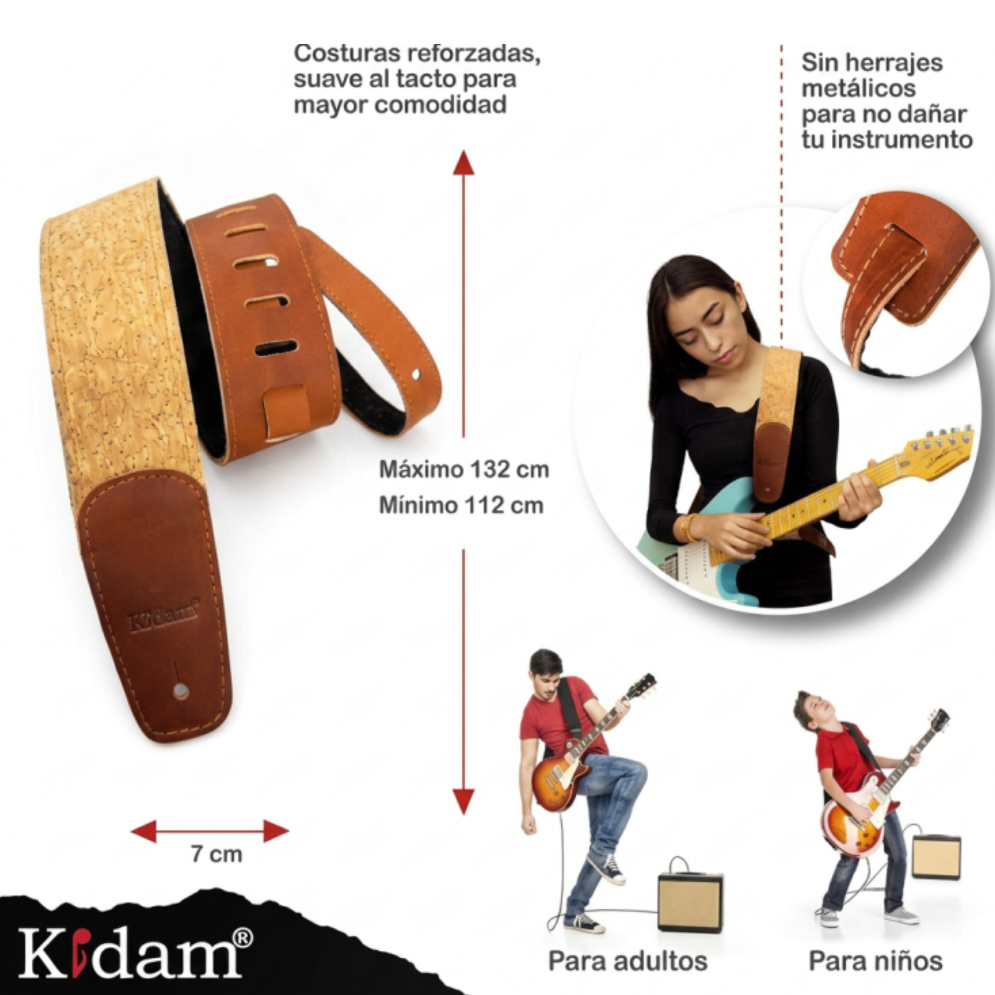 KIDAM | Correa para guitarra | Correa de piel para guitarra o para bajo | Guitar strap con 7 cm de ancho acojinado color Corcho, ajustable desde 112 hasta 132 cm. | 1 pza