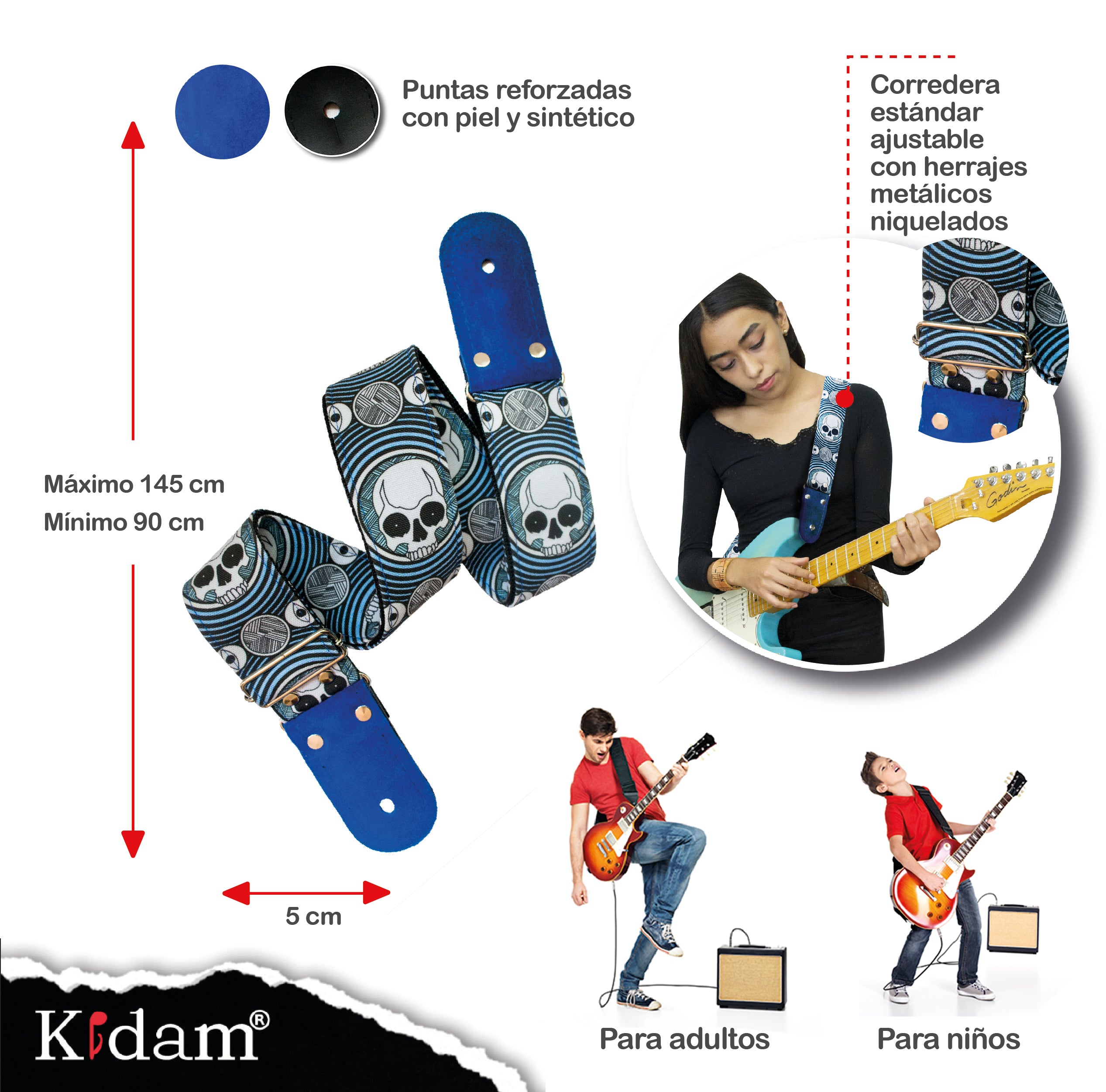 STRAP GUITARRA/BAJO - DISEÑO IMPRESO - CALAVERAS AZUL