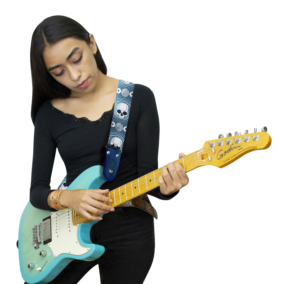 STRAP GUITARRA/BAJO - DISEÑO IMPRESO - CALAVERAS AZUL
