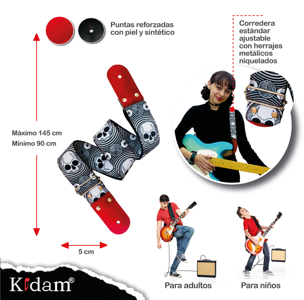 STRAP GUITARRA/BAJO - DISEÑO IMPRESO - CALAVERAS ROJO