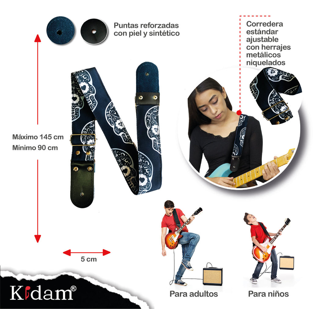 STRAP GUITARRA/BAJO - DISEÑO IMPRESO - STRAP CALAVERAS BLANCO Y NEGRO