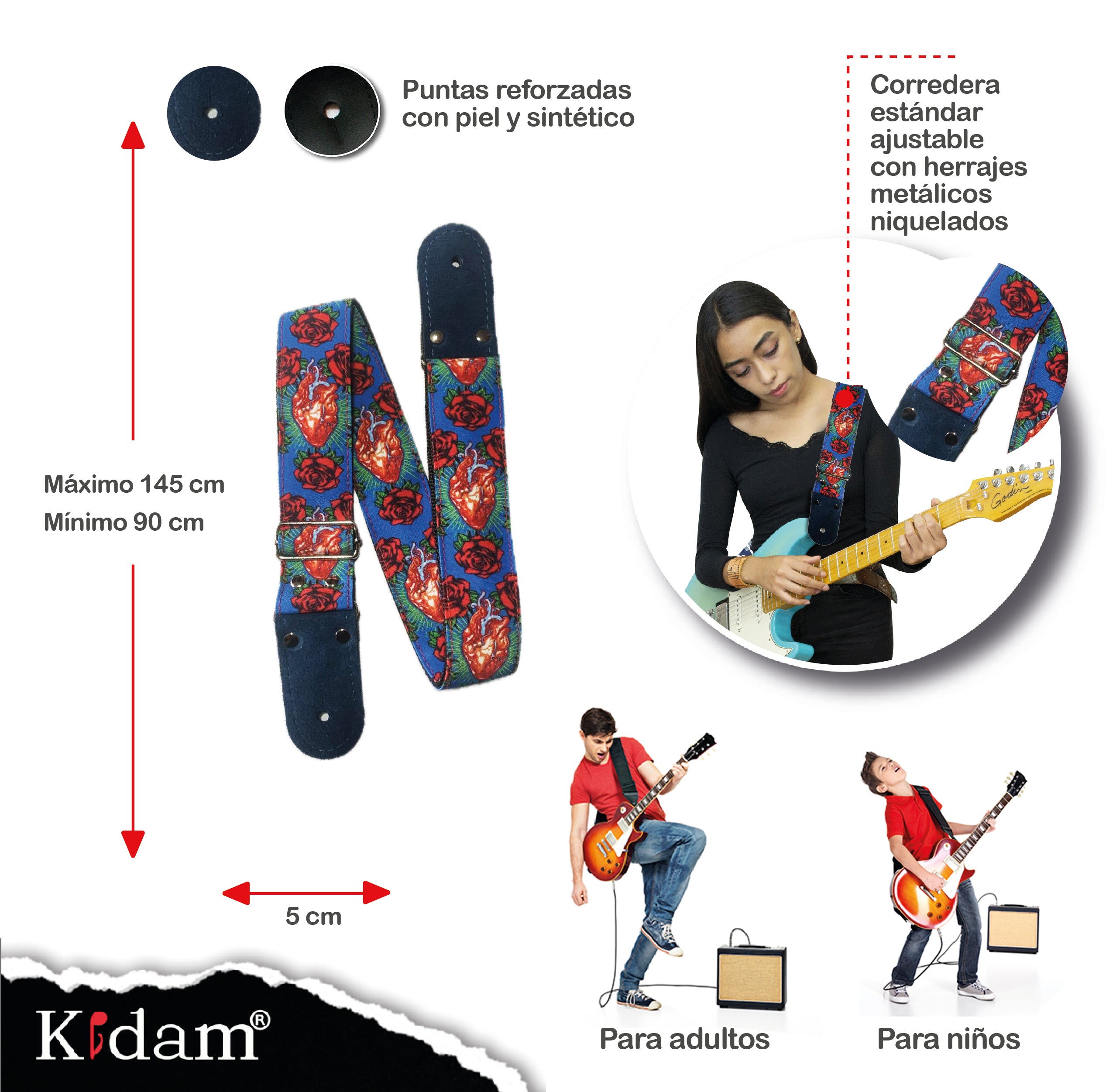 STRAP GUITARRA/BAJO - DISEÑO IMPRESO - STRAP CORAZÓN Y ROSAS