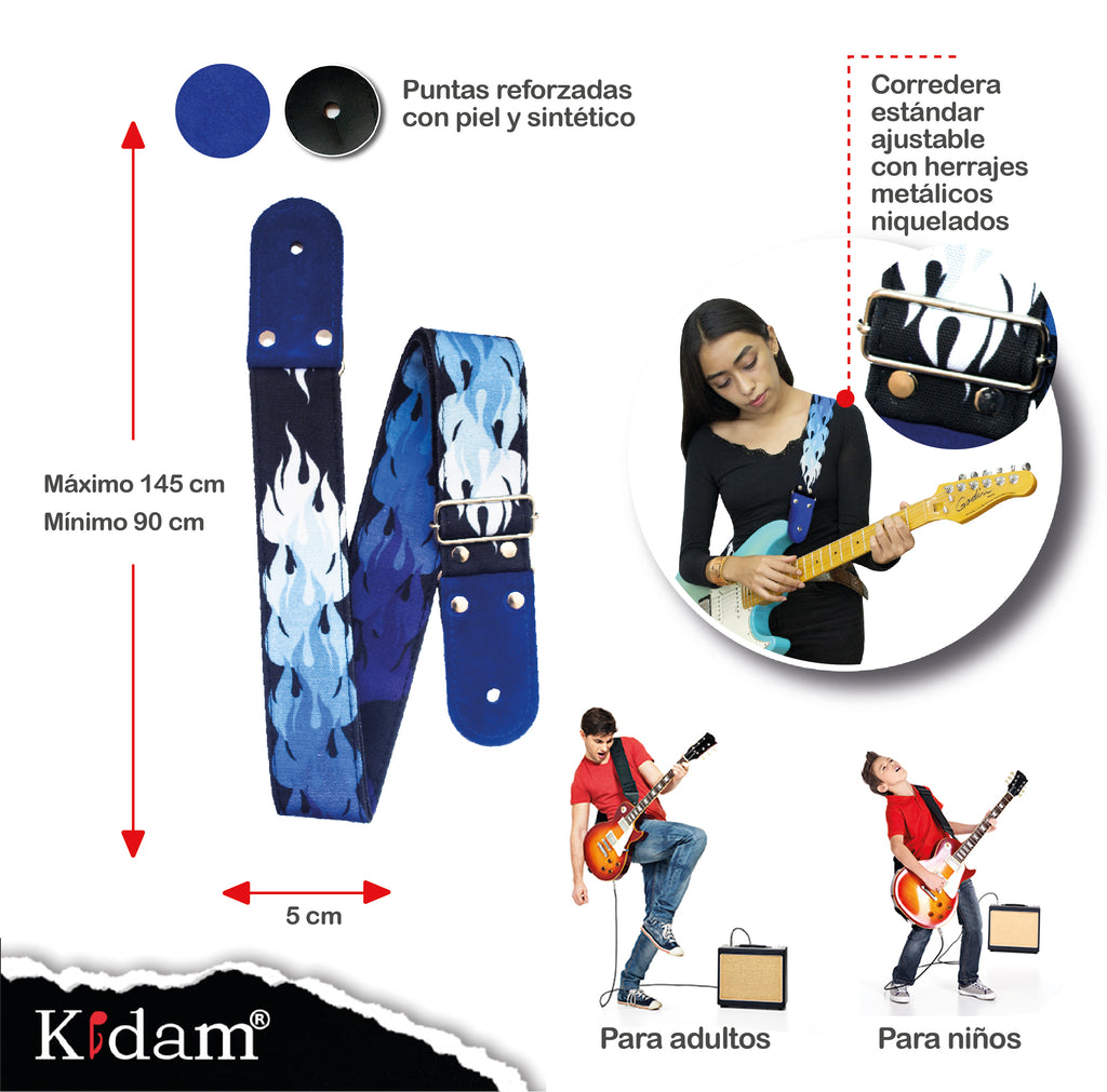 STRAP GUITARRA/BAJO - DISEÑO IMPRESO - STRAP FLAMAS AZUL