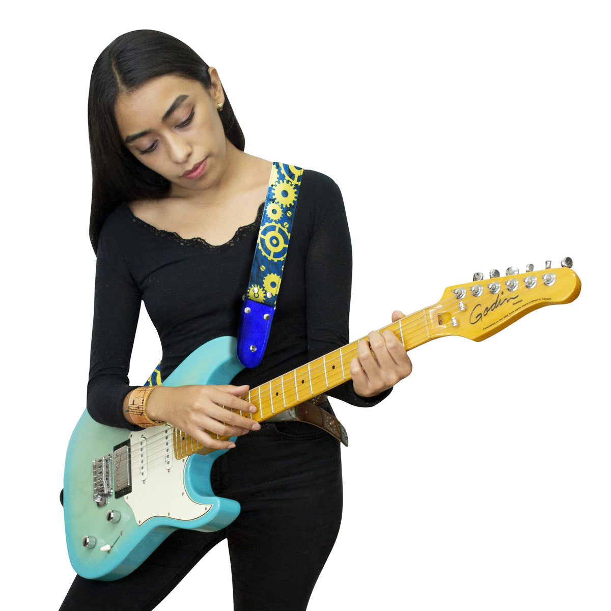 STRAP GUITARRA/BAJO - DISEÑO IMPRESO - STRAP TUERCAS AZUL