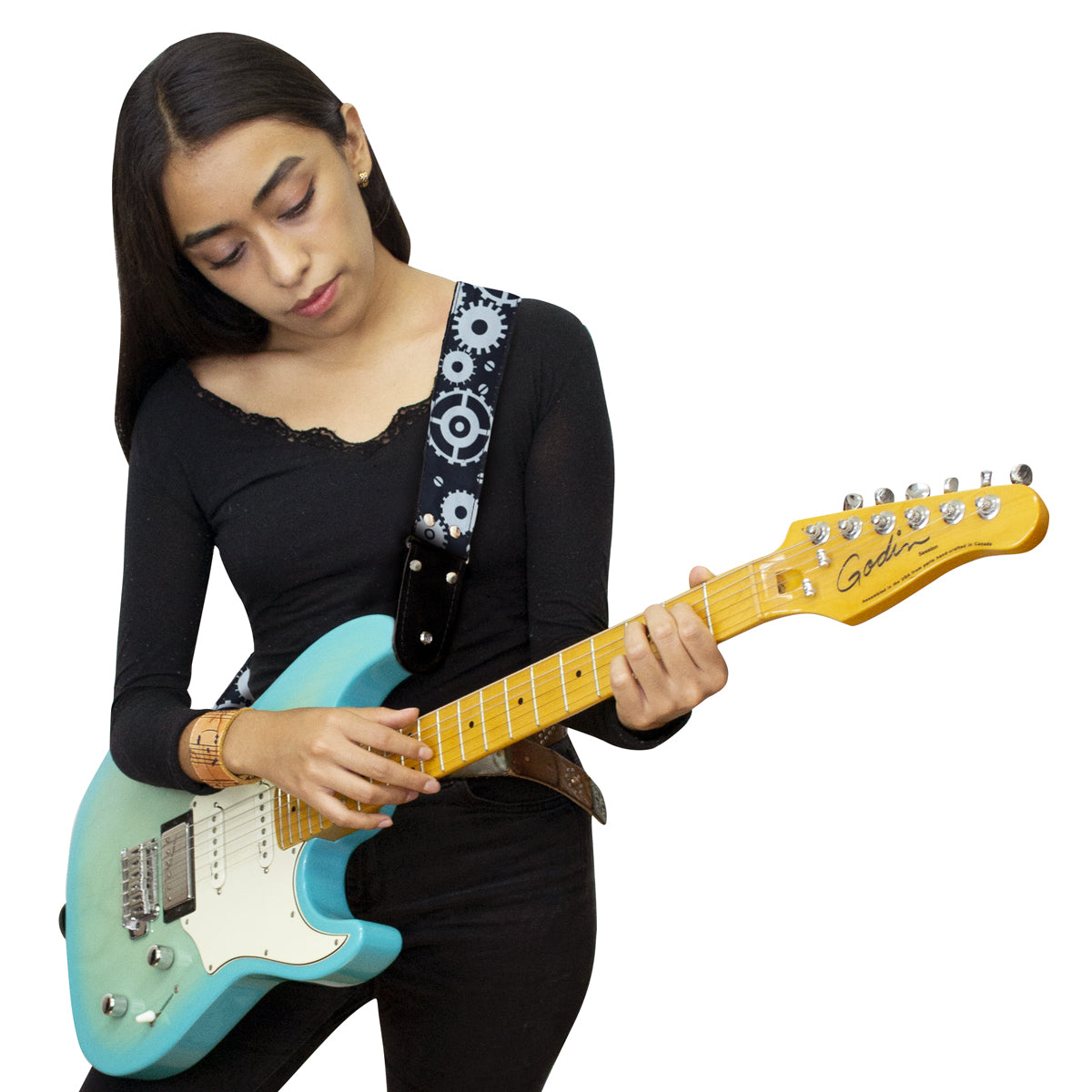 STRAP GUITARRA/BAJO - DISEÑO IMPRESO - STRAP TUERCAS NEGRO